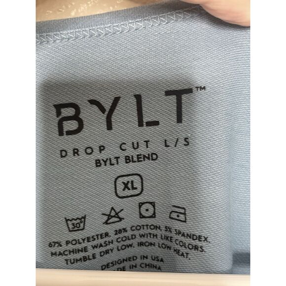 BYLT Drop Cut Shirt Blend Size XL Stretch Light Blue Long Sleeve Curve Hem - Picture 4 of 10